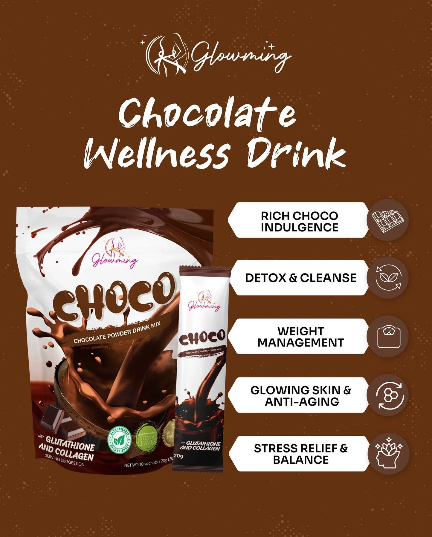Glowming - CHOCO - Chocolate Powder Drink Mix - 10 sachet x 20g