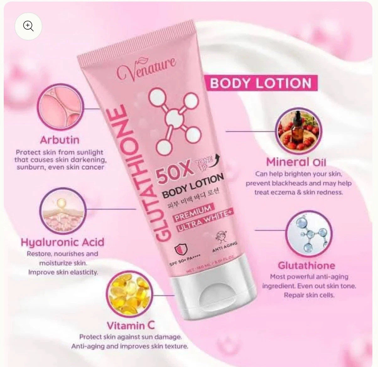 Venature Glutathione Body Whitening Lotion 50X Tone Up W/SPF50