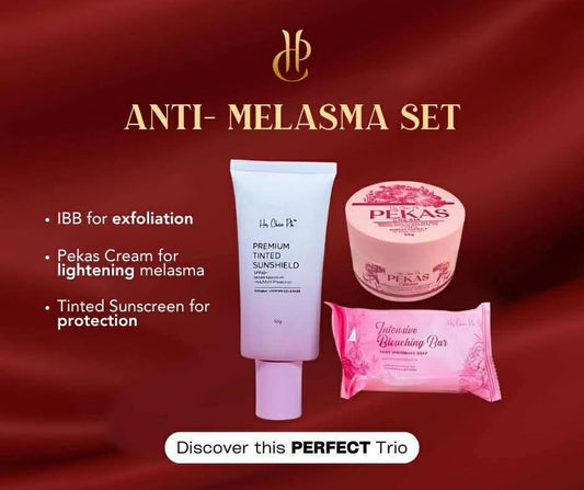 HerChoice PH Set E: Anti Melasma Set; Premium Tinted Sunscreen, Pekas Cream & Intensive Bleaching Bar
