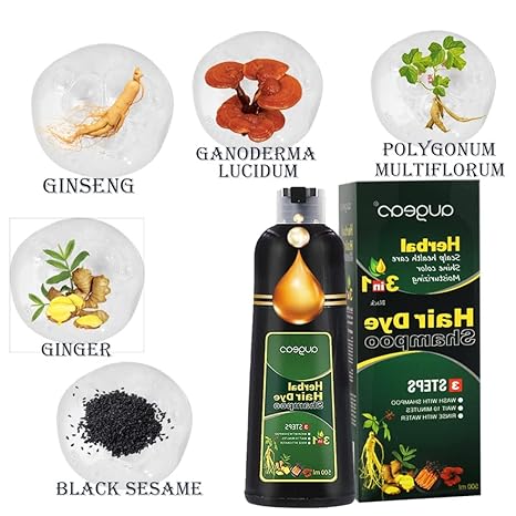 AUGEAS 500ML Black Permanent Hair Color Shampoo, 3 IN 1 Organic Herbal Fast Coloring Shampoo for Men and Women to Cover Grey/White Hair (BLACK)