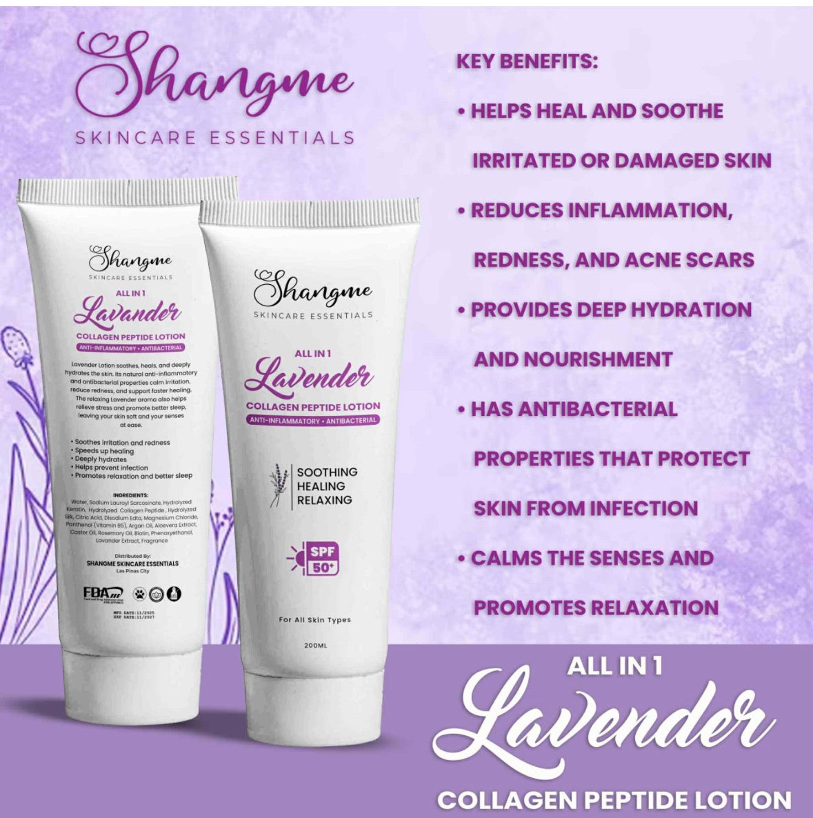 Shangme Lavender All-in-One Body Lotion | Peptide & Collagen Moisturizer for All Skin Types – 250ml