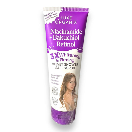 Luxe Organix Niacinamide + Bakuchiol Retinol “3X WHITENING & FIRMING” Velvet Shower Salt Scrub 320g ( purple tube )