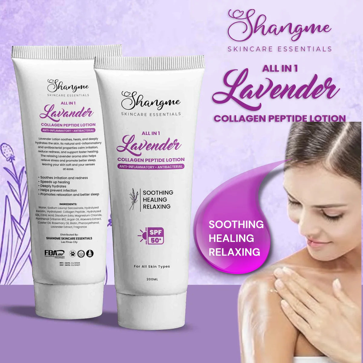 Shangme Lavender All-in-One Body Lotion | Peptide & Collagen Moisturizer for All Skin Types – 250ml