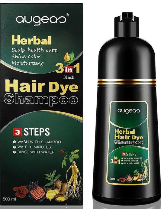 AUGEAS 500ML Black Permanent Hair Color Shampoo, 3 IN 1 Organic Herbal Fast Coloring Shampoo for Men and Women to Cover Grey/White Hair (BLACK)