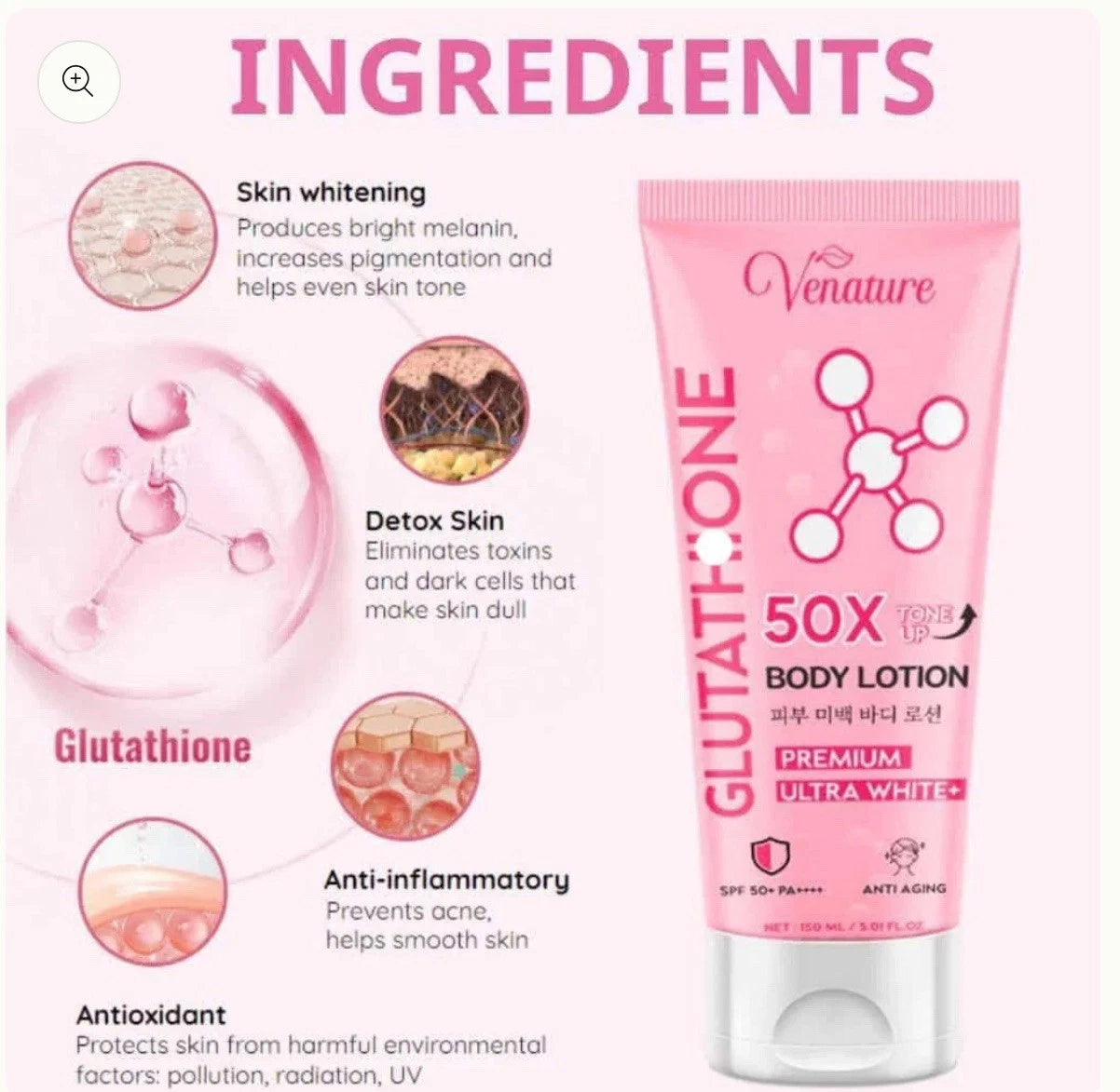 Venature Glutathione Body Whitening Lotion 50X Tone Up W/SPF50